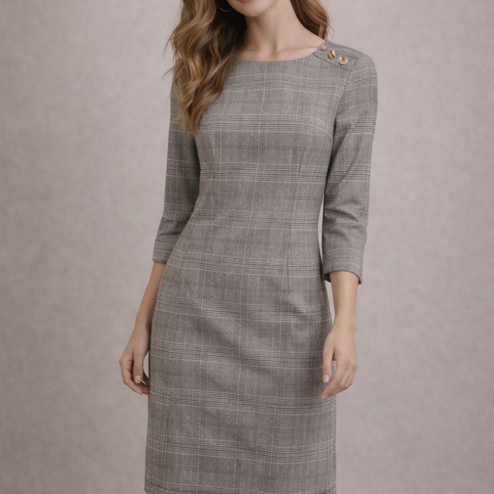 H&M Grey Tan Brown Plaid Check 3/4 Sleeve Crew Career Dress Gold Accents Size 2